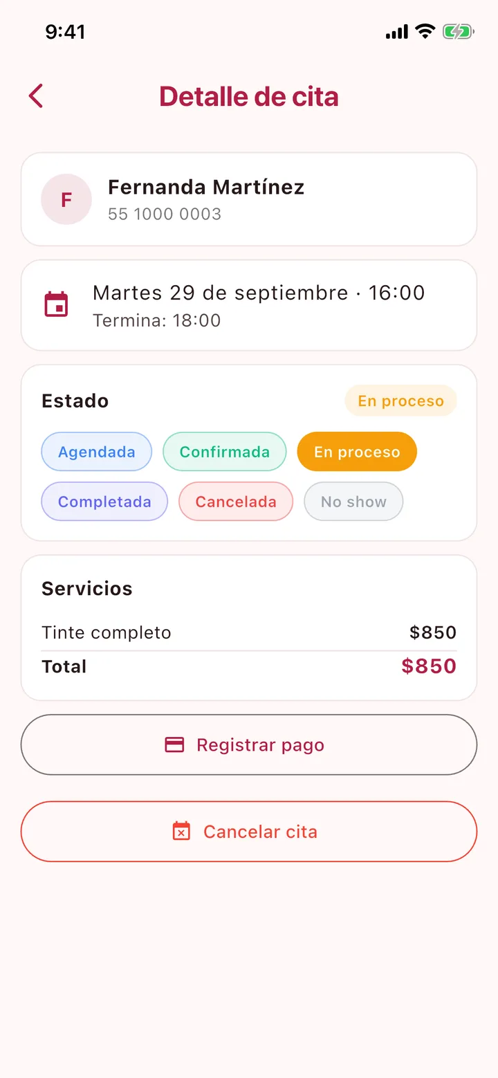 Detalle de la cita con sus estados